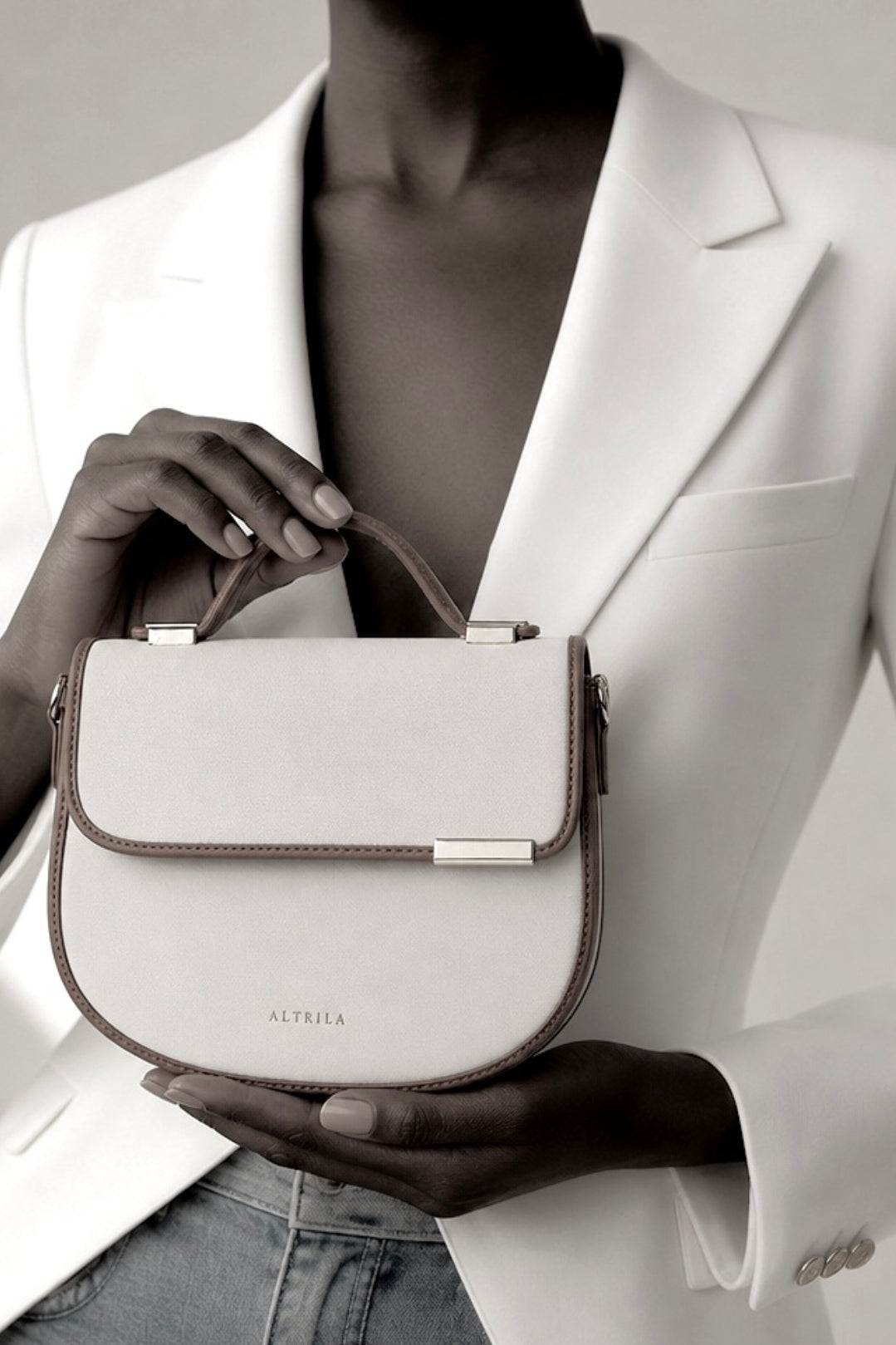 The Advantage Arc - Cream/Brown Leather Saddle Bag with Top Handle