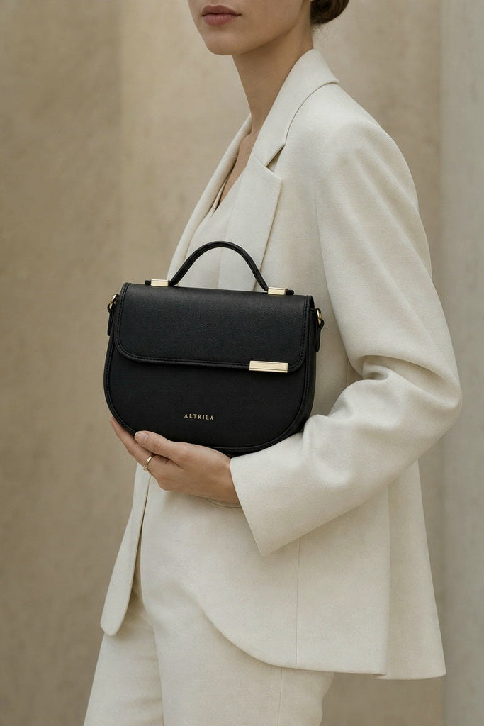 The Advantage Arc - Black Leather Saddle Bag with Top Handle